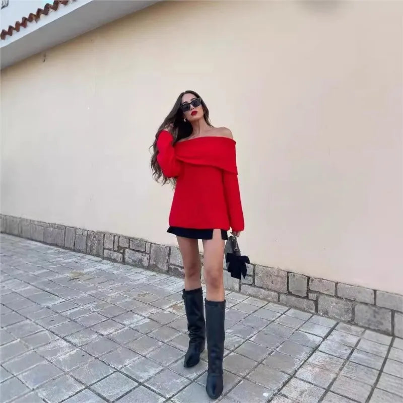 NEW Arrivals Retro Women's Elegant Slash Sweater Pullover Women's Chic Loose Knitted Casual Clothes Ladies Girls Casual Apparel Accessories Clothing Supplies
