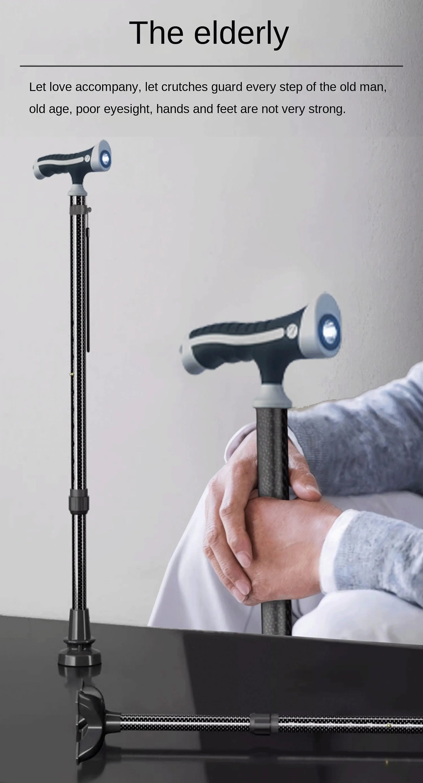 Ultra-Light Retractable Carbon Fiber with Lamp Handle Night Hiking Booster Walking Anti-Slip Breaking Four-Legged Stable Armrest Stick Column Stick Device