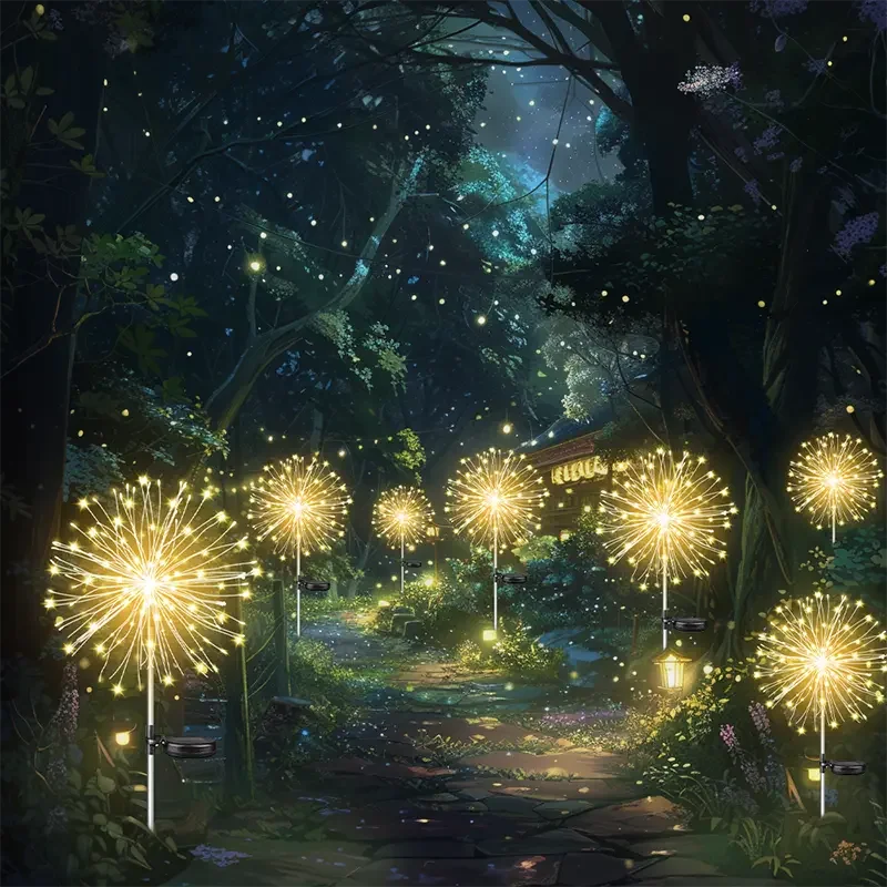 NEW Arrivals 4PCS Set Solar Garden Lights 200LED Waterproof Outdoor Lighting with Installation Hardware Firework Lights for Pathway Lawn Christmas Holiday Decoration Supplies