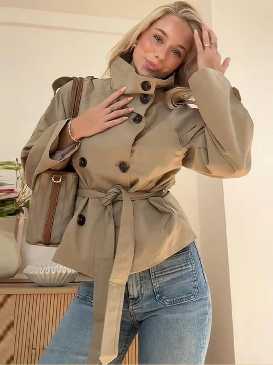 UK Size 4 Colors Belted Waist Cropped Trench Double Breasted Stand Collar Autumn Chic Elegant Women Coat Casual Vintage Office Lady Jacket