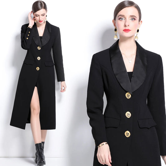 NEW Arrivals UK S-2XL Size Vintage Black Autumn Winter Clothes Long Sleeve Bodycon Pencil Notched Blazer Suit Coat Midi Dresses Women Office Lady Suit