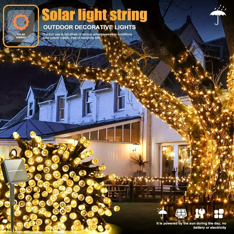 NEW Arrivals 12M-100LED Solar Powered LED String Lights for Outdoor Christmas Garden Patio Balcony 8 Lighting Modes Waterproof Flickering Effect Light Christmas New Year Eve Accessories Supplies