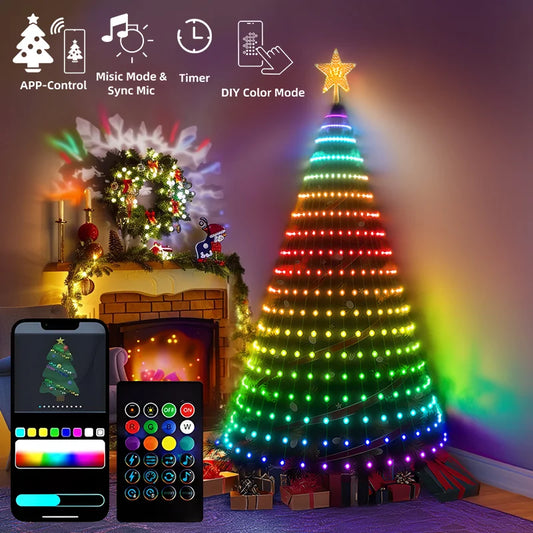 NEW Arrivals UK/EU/AUS/US Plug 2.1M Christmas Tree 30M Lighting 10 Colors LED String Lights App Control Garland LED Star String Waterfall DIY Xmas Tree Lights Holiday Decoration