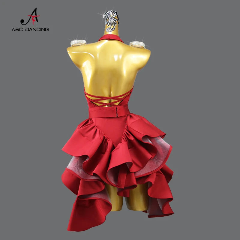 New Arrivals Red Latin Dance Dress Sexy Ladies Ballroom Party Show Costume Practice Wear Line Clothing Women Sport Party Skirt Customized Ladies Competition Dancing Dress