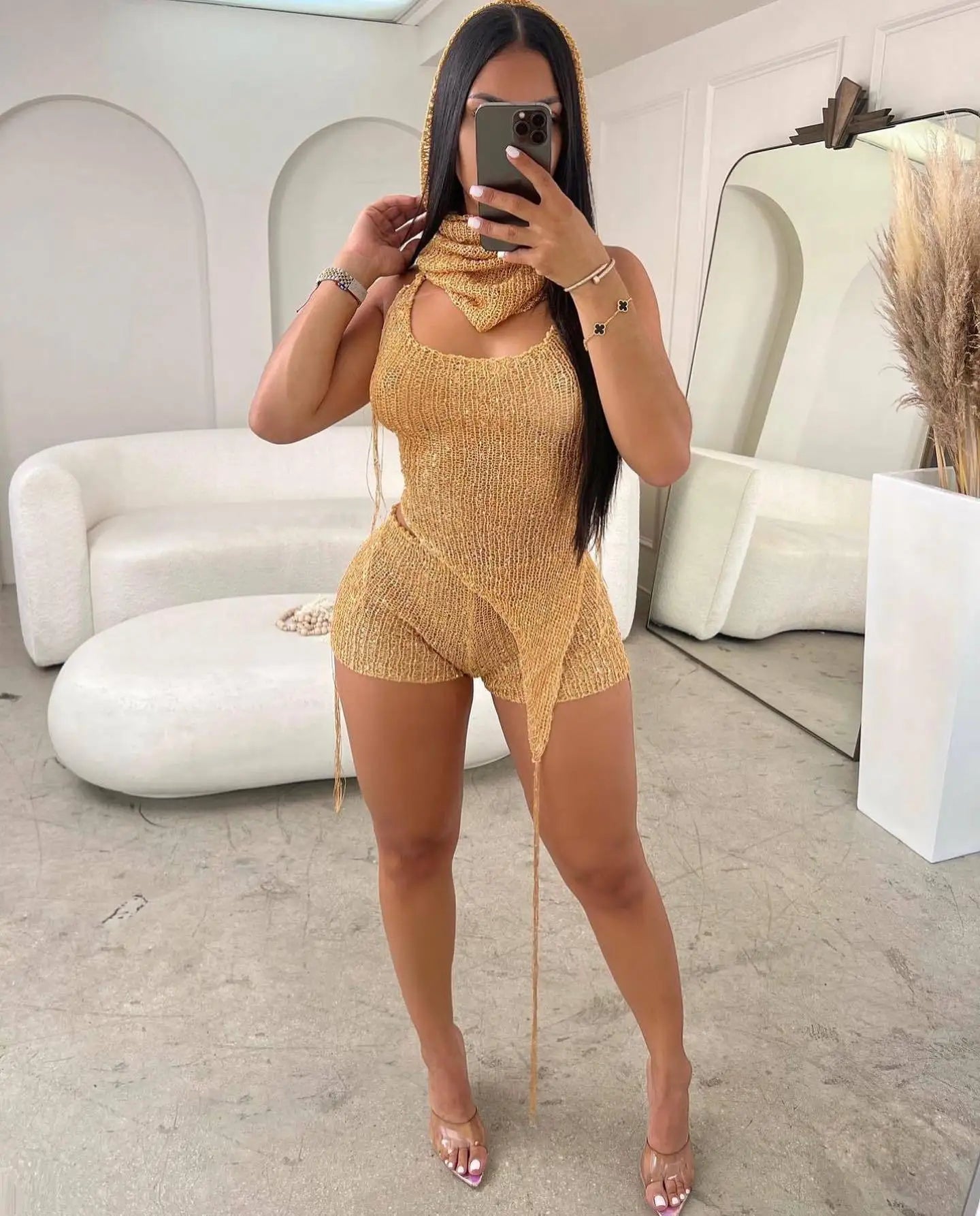 3 PCS Set S-2XL 4 Colors Sexy Y2K Hollow Sequin Irregular Outfits See Through Tracksuit Fashion Halter Lace Up Backless Top Shorts Scarf  Women Streetwear Suit