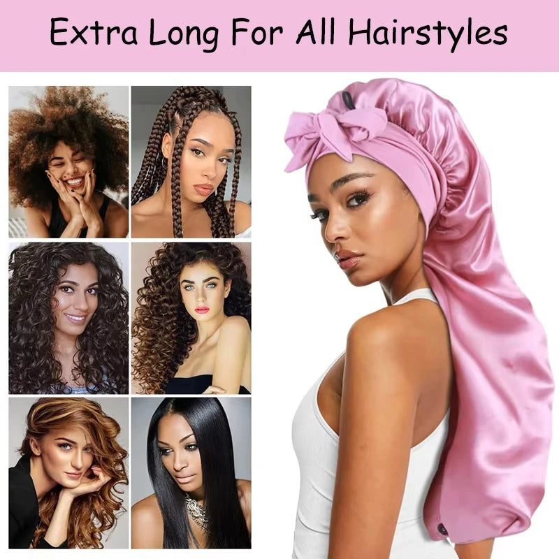 Soft Silky Long Satin Bonnet For Women Natural Hair And Curly Hair Extra Large Size Hair Cap With Tie For Comfortable Night Sleep Hair Protection