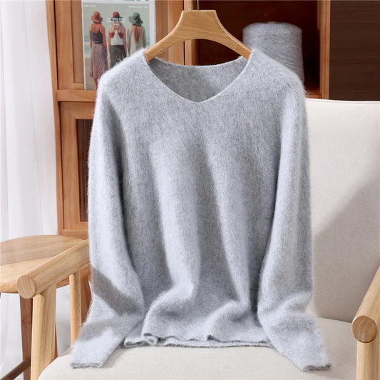 100% Mink Uzbekistan Cashmere 10 Colors S-3XL UK Plus Size Sweater Women's Autumn Winter New Style Solid Color V-Neck Knitted Top Quality Sweater Versatile Loose Base Top