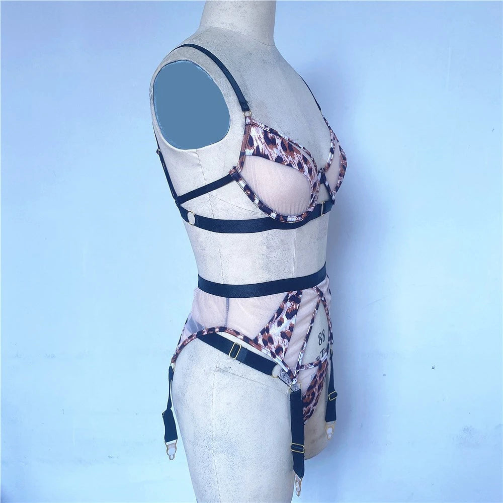 New Arrivals 3-Pieces Set  Leopard Lingerie Set Women Lace Patchwork Erotic Set Ladies Sexy Brief Underwear Set Supplies Female Sexy Lingerie Underwear Fashion Clothing Products