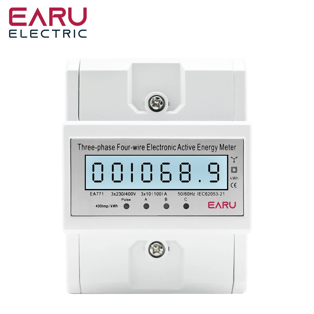 NEW Arrivals Din Rail AC 230 220V 3 Phase 4 Wire Energy Meter Power Consumption Monitor kWh Meter Wattmeter Bi Volt 100A 50/60Hz LCD Backlight