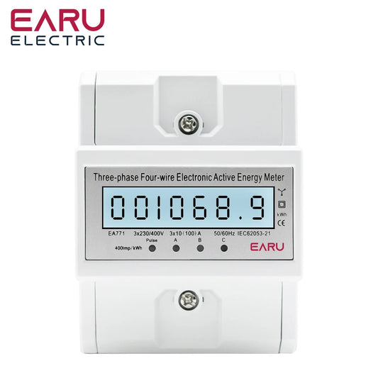 NEW Arrivals Din Rail AC 230 220V 3 Phase 4 Wire Energy Meter Power Consumption Monitor kWh Meter Wattmeter Bi Volt 100A 50/60Hz LCD Backlight