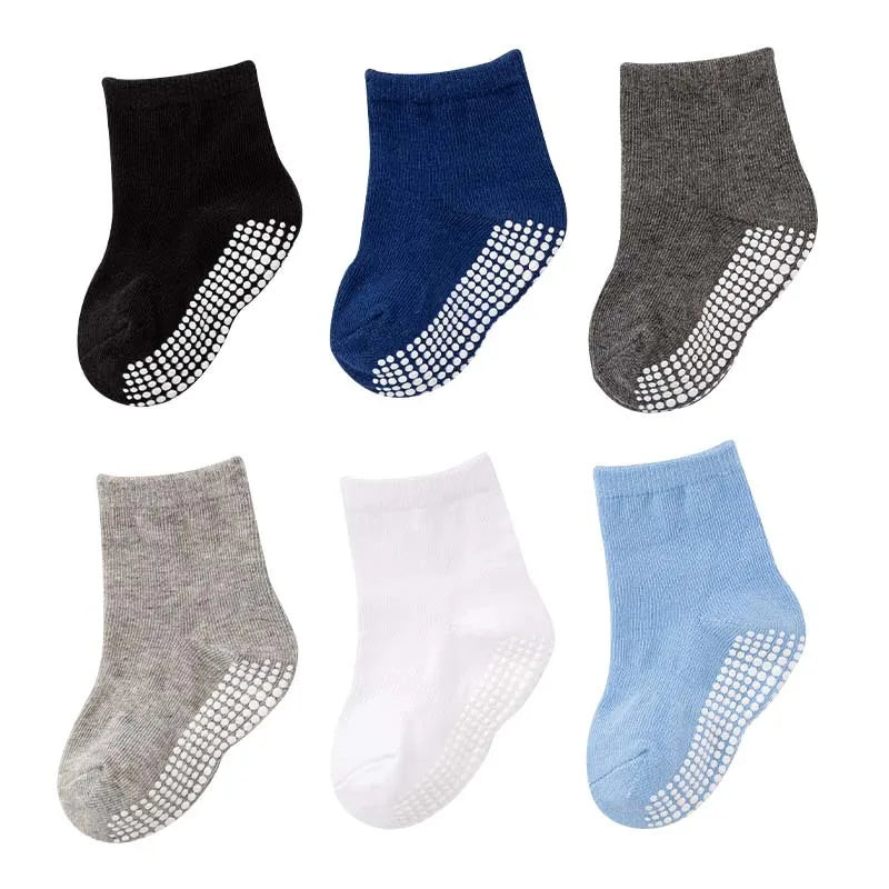 NEW 0-7Y 6 Pairs Set Lot Spring Autumn Newborn Kids Anti-Slip Cotton Socks Solid Color Soft Breathable Cotton Baby's Boat Socks Boys Girls Trampoline Socks
