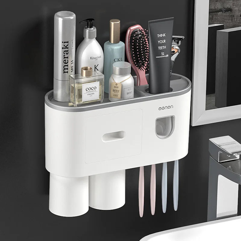 NEW Arrivals Wall-Mounted Magnetic Toothbrush Holder Automatic Toothpaste Dispenser Strong Adsorption Magnetic 5 Cups Bathroom Accessories Sets