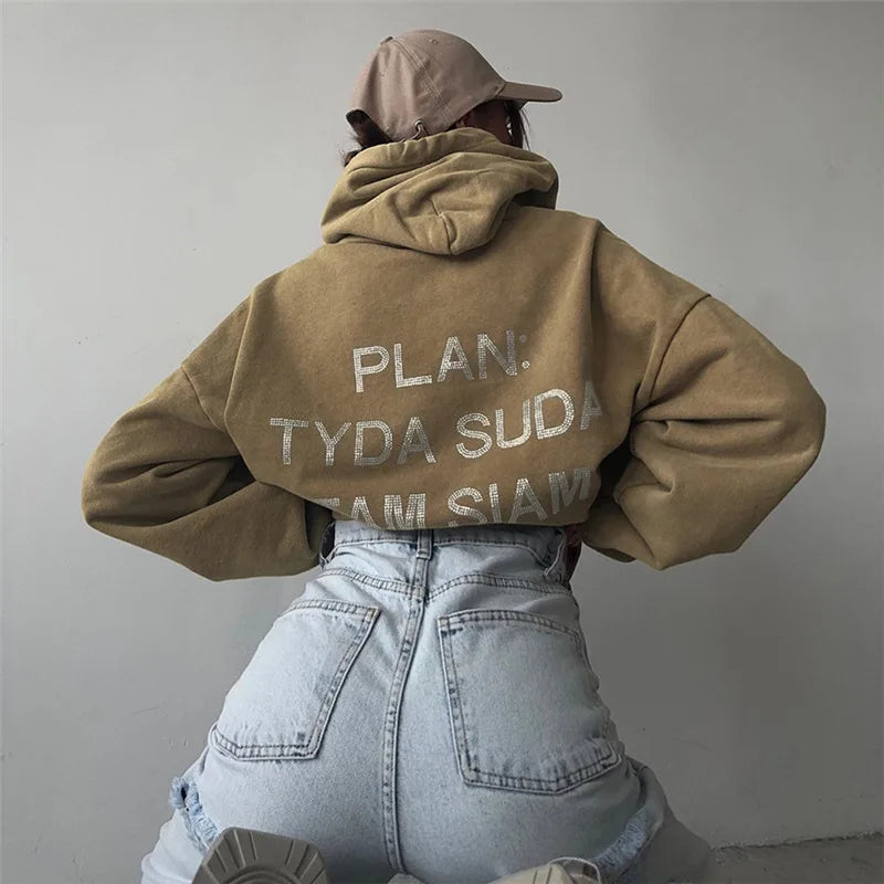 Autumn Women's New Fashion Hooded Letter Hot Diamond Street Trendy Loose Mid length Sweater