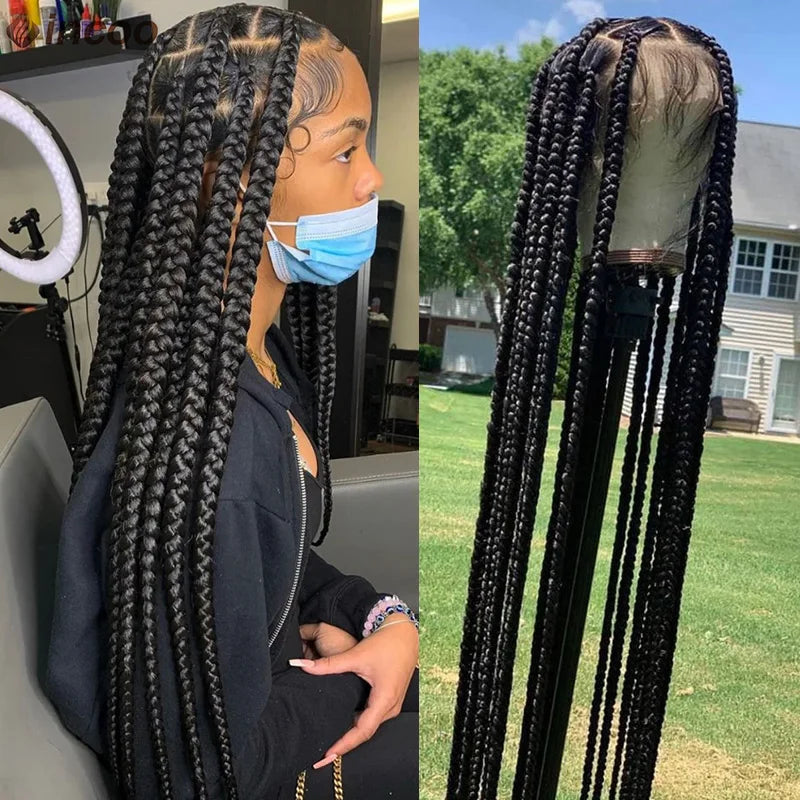 Large Box Braided Wigs Jumbo Knotless Full Lace Front Synthetic Wigs For Black Women Jumbo Tribal Braids Faux Locs Cornrows Wig