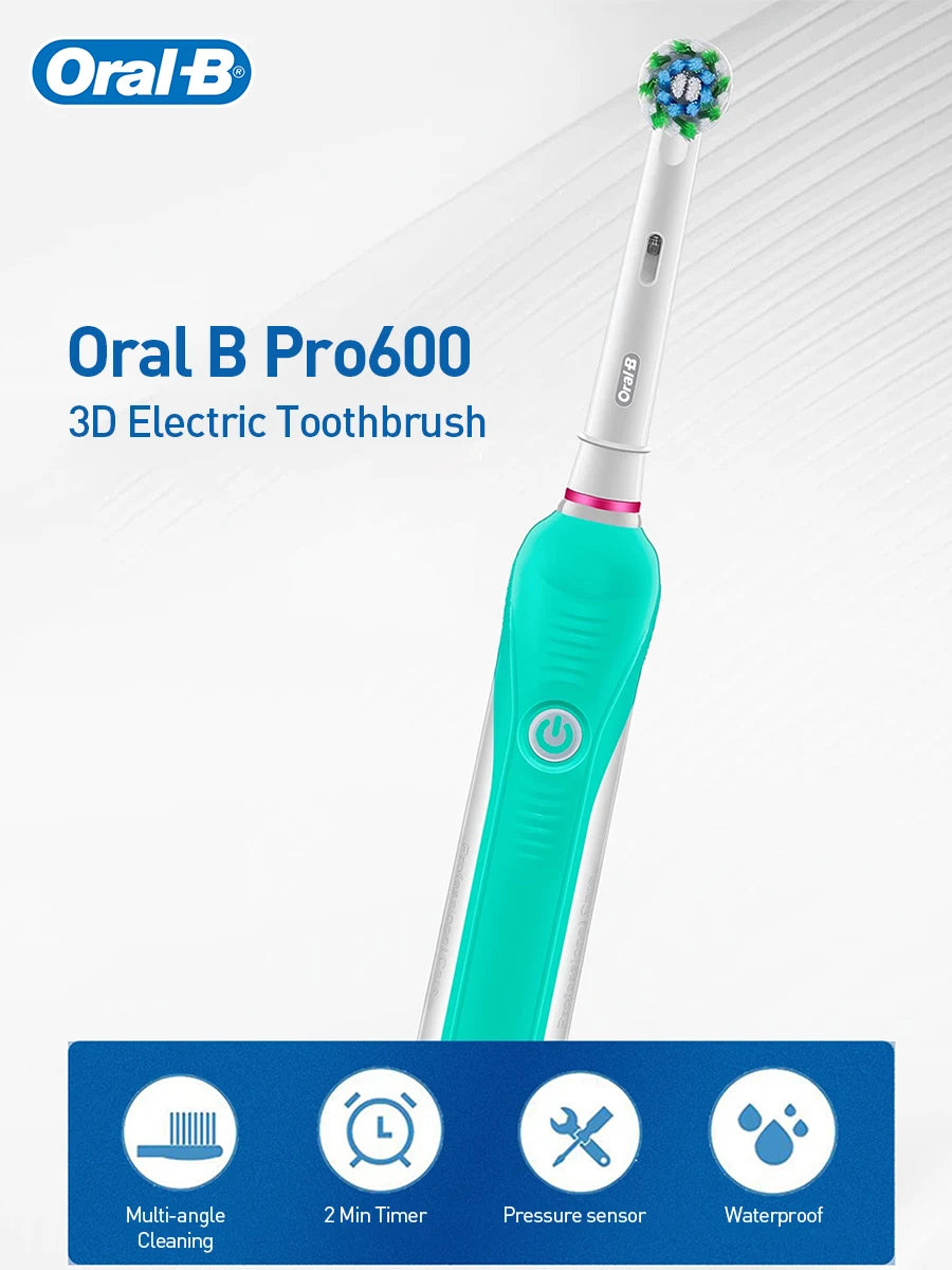 Original Oral B PRO 600 Electric Toothbrush 2-Minute Intelligent Timing + 8 Heads + Box Full Set Daily Clean Teeth Visible Pressure Sensor Waterproof Rechargeable Women Men Oral Hygiene Accessories Personal Care Supplies