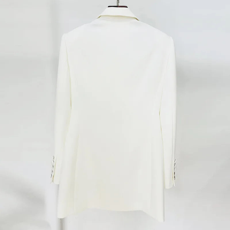 NEW Arrivals UK Large Size Black/White Color Top Quality Autumn Winter Spring Italian Luxury Fashion Beading Diamonds Blazer Women Suit Coat White Long Sleeve Double Breasted Long Blazer Office Lady Products