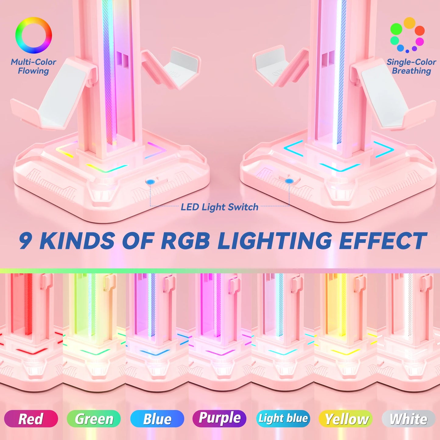 RGB Controller Stand with 9 Light Modes Headset Holder for Desk Rotatable Headphone Stand Detachable Controller Hook