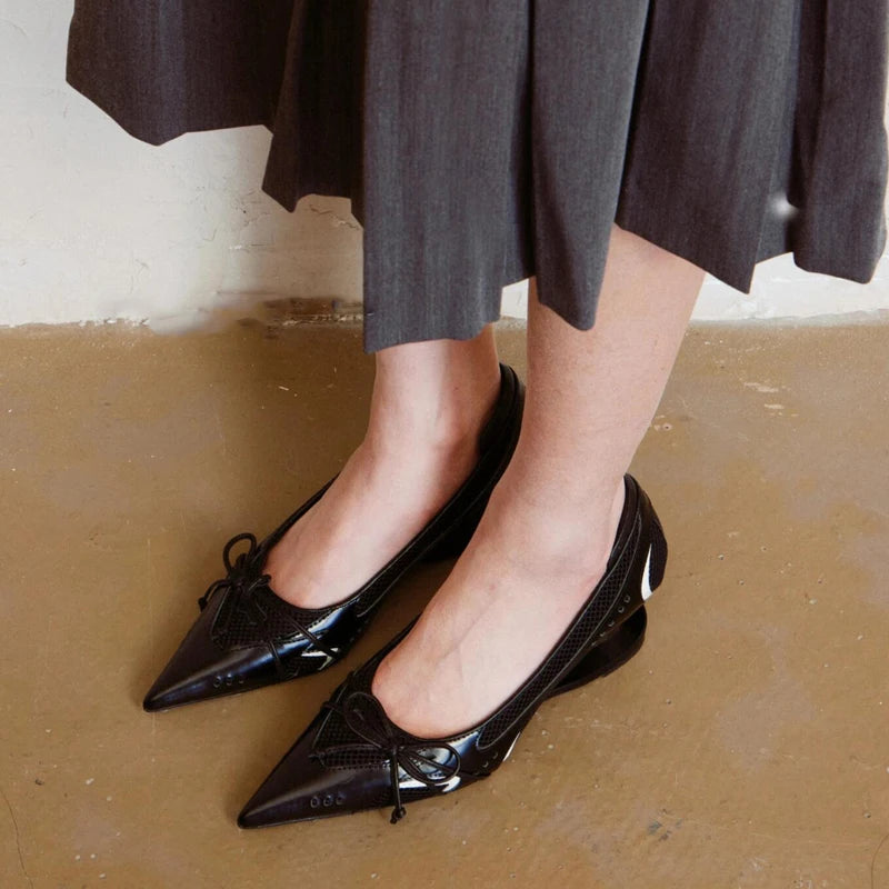 3 Colors New Style Special Heel Spliced Heels Pointed Toe Heels Women's Fashion Shallow Mouth Bow Non-Slip Mary Jane Single Shoes Large 42