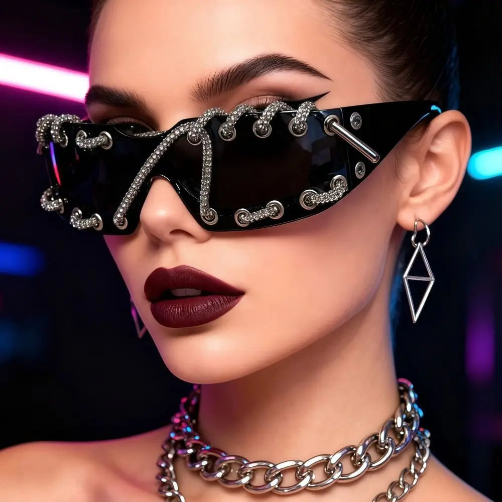 Rhinestones Chain Sunglasses Retro Cool Trendy Sunglasses UV Protective Lightweight Streetwear Party Shades For Women Men
