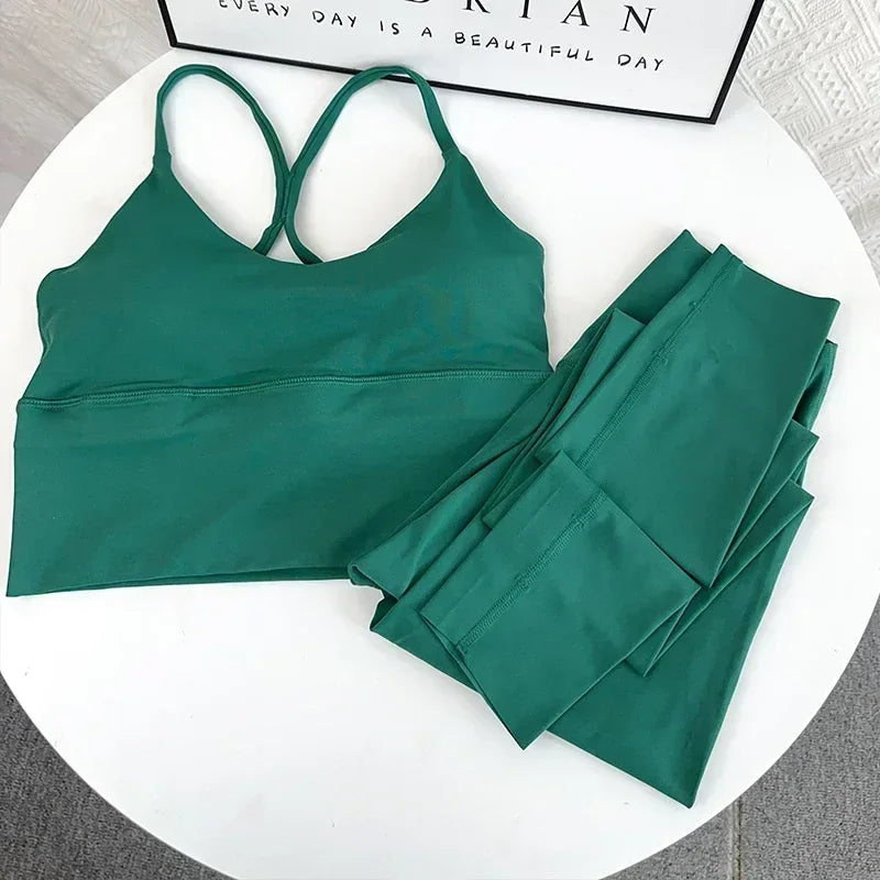 2 PCS Yoga Set 7 Colors Sportswear Fitness Suits Sexy Cross Back Yoga Tops Elasticity High Waist Leggings Running Sports Clothing👚👍️