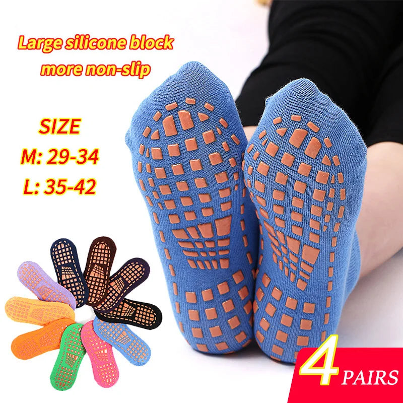 4 Pairs Silicone Yoga Pilates Trampoline Women Socks Adult/Child Silicone Anti-Slip Grip Cotton Socks Floor Foot Massage Ankle Socks