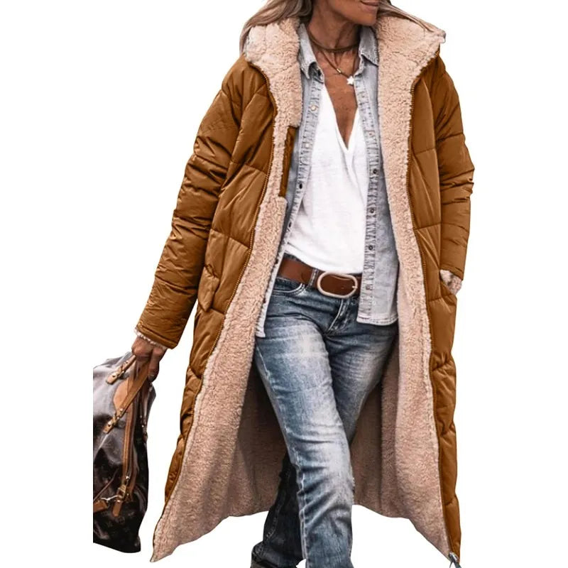 Women's Warm Winter Coats Reversible Sherpa Fleece Long Hooded Puffer Jackets Outerwear