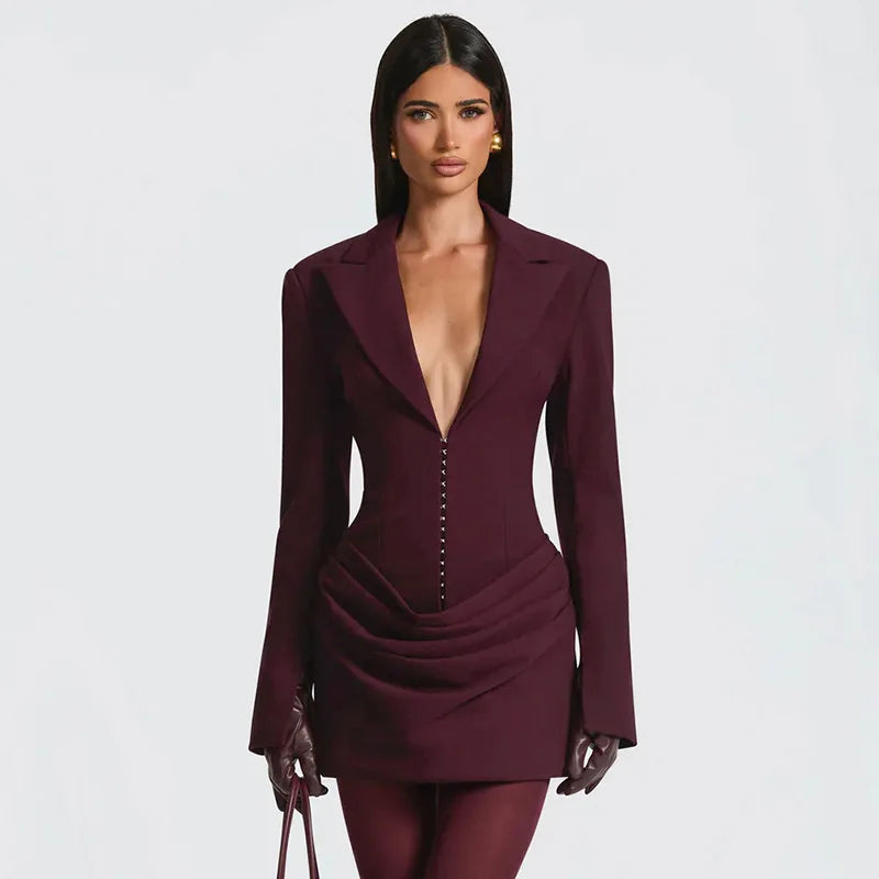 NEW Arrivals UK Size 3 Colors Casual Pleated Sexy Dress Women  Elegant Party Dress Blazer Long Sleeves Bodycon Mini Autumn Winter Dress Vestidos