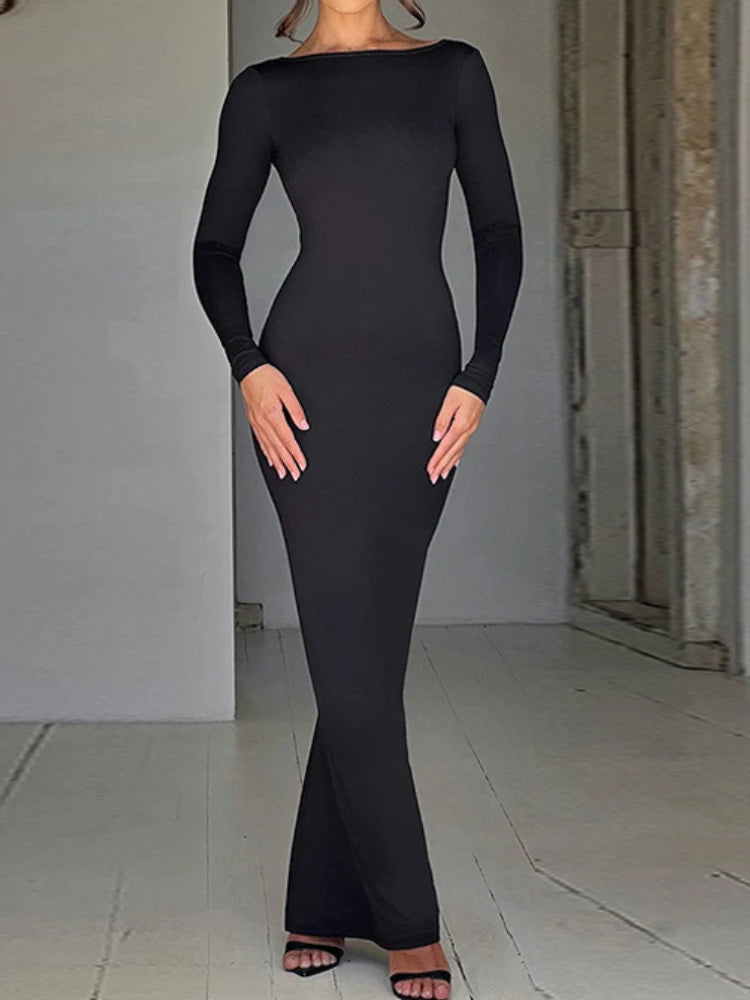 NEW Arrivals UK Size Black/Burgundy Color Sexy Hot Open Back Backless Shirring Slim Bodycon Maxi Dress Women Long Sleeved Solid Color Skinny Evening Party Dress Elegant Club Party Maxi Gown