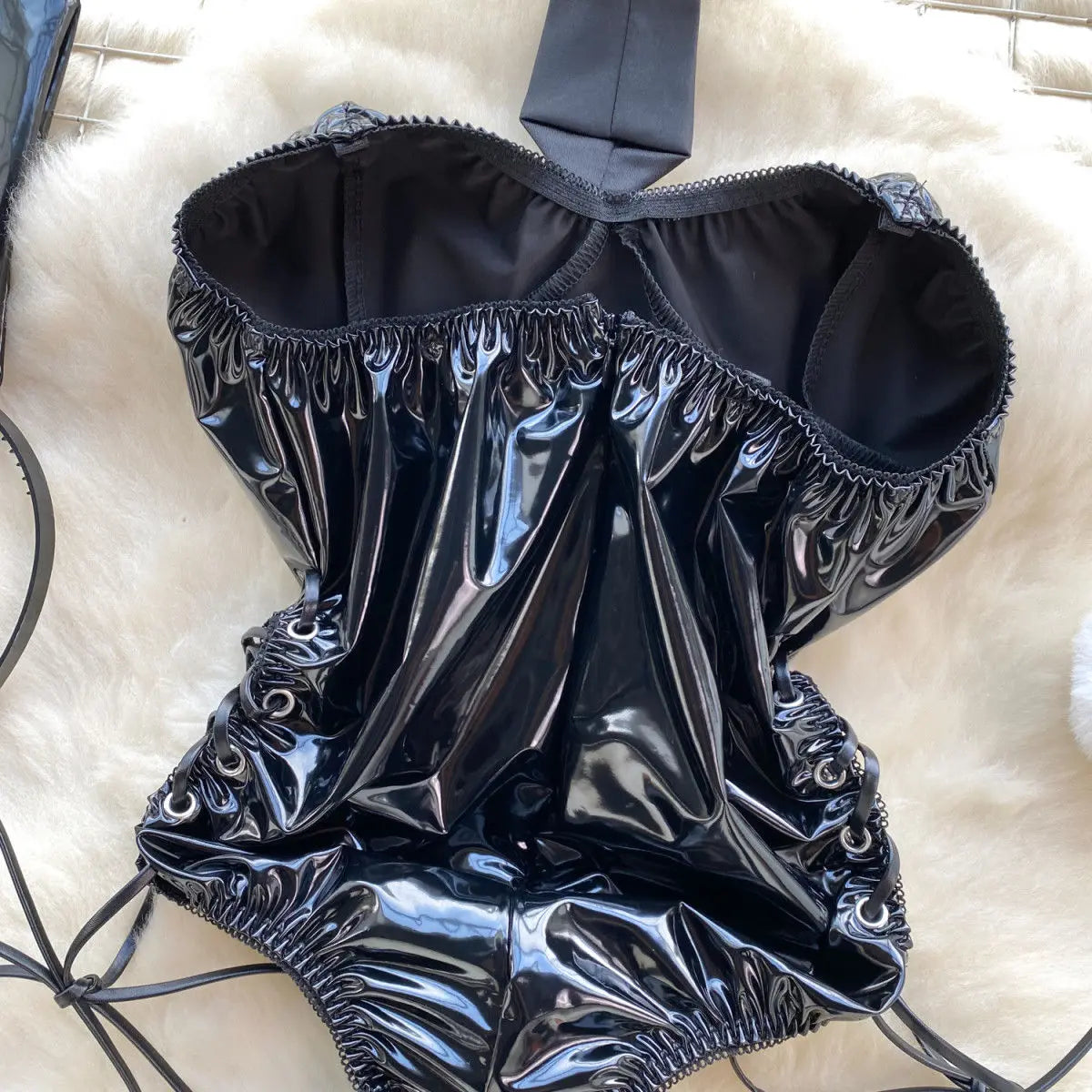 Playboy Bunny PU Leather Rabbit Girl Strapless Strapping Slim Jumpsuit Set Exotic Pornographic Lingerie Party Cosplay Bodysuit Lace-up Sexy Lingerie Underwear Fashion Clothing Sexy Apparel Products