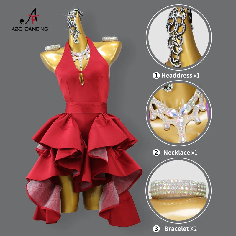 New Arrivals Red Latin Dance Dress Sexy Ladies Ballroom Party Show Costume Practice Wear Line Clothing Women Sport Party Skirt Customized Ladies Competition Dancing Dress
