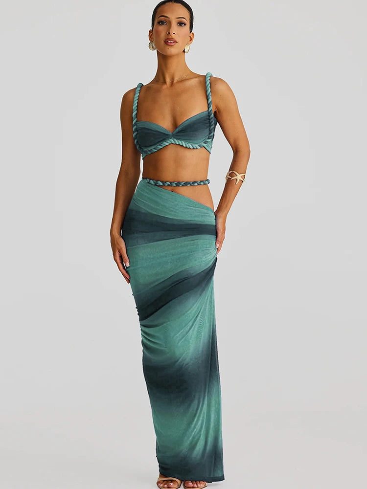 NEW 2PCS Set S-XL UK Size 12 Colors Italian Design Square Collar  Women Bra +Skinny Long Skirts Bandage Ruched  Summer Vacation Beach Party Trend Suits
