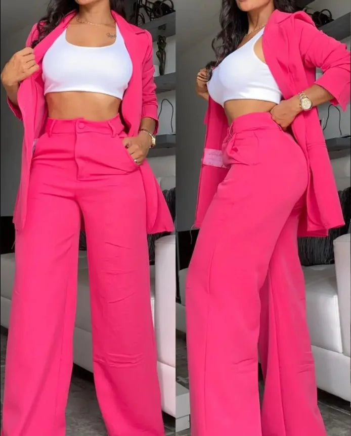 NEW Arrivals 2PCS Set UK Size S(8)-3XL(20) 4 Colors Woman Elegant Luxury Blazer Sets New Autumn Spring Fashion Women's Notched Collar Coat + Pocket Design Pants Set Work Commuting
