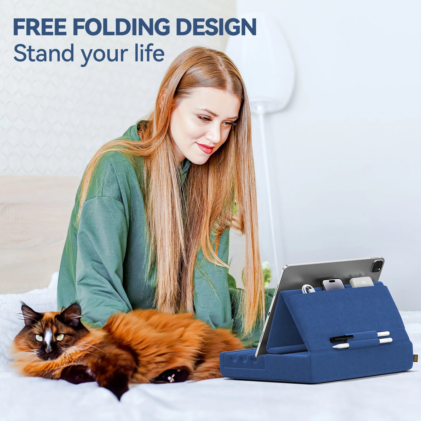 KDD Tablet Pillow Holder Foldable iPad Stand for Laptop Bed and Desk Tablet Soft Pad Dock with Pocket & Stylus Mount For iPad Pro Mac Book Computer Accessories Electronic Supplies