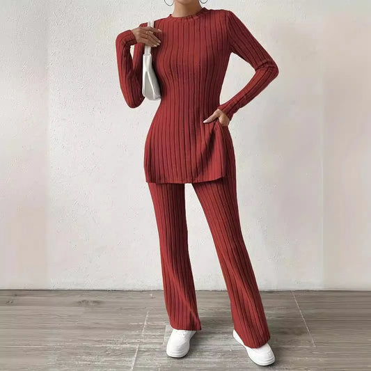 NEW 2PCS Set S-XL UK Size 4 Colors Women Top Straight Pants Suit Split Tops Trousers Ensemble Round Collar Autumn Winter Casual Outfits Female Sports Clothing Supplies