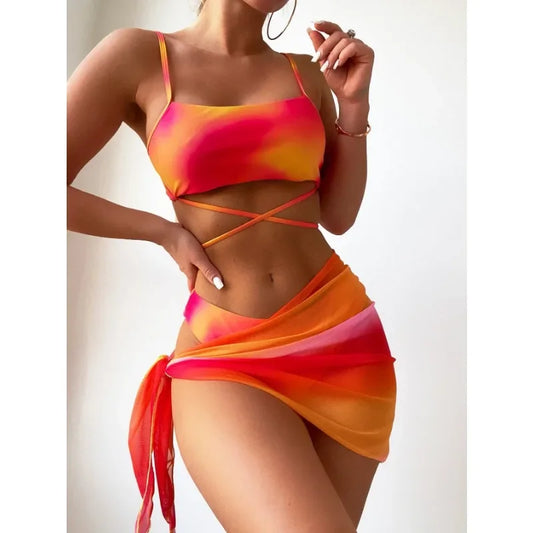 New Women Tie Dyed Split Bikini Sexy Hip Lifting Mesh Gradient Beach Three Piece Set Cross Swimwear Girl