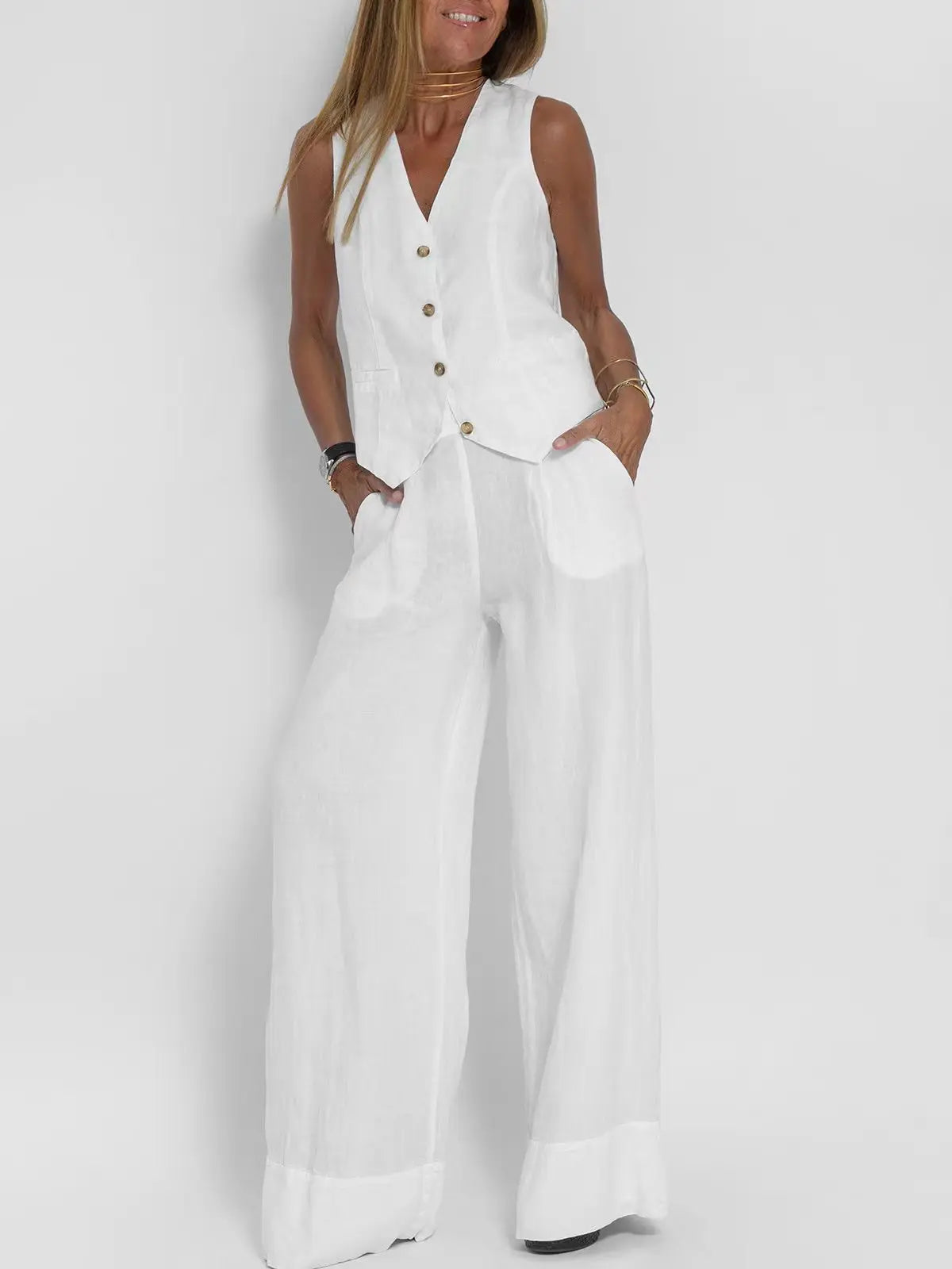 NEW Arrivals 2PCS Set S-2XL UK Size Women's Clothing Spring Summer New Fashionable Vest Pants Collage Splicing Pure Sleeveless Color Temperament Casual Suit