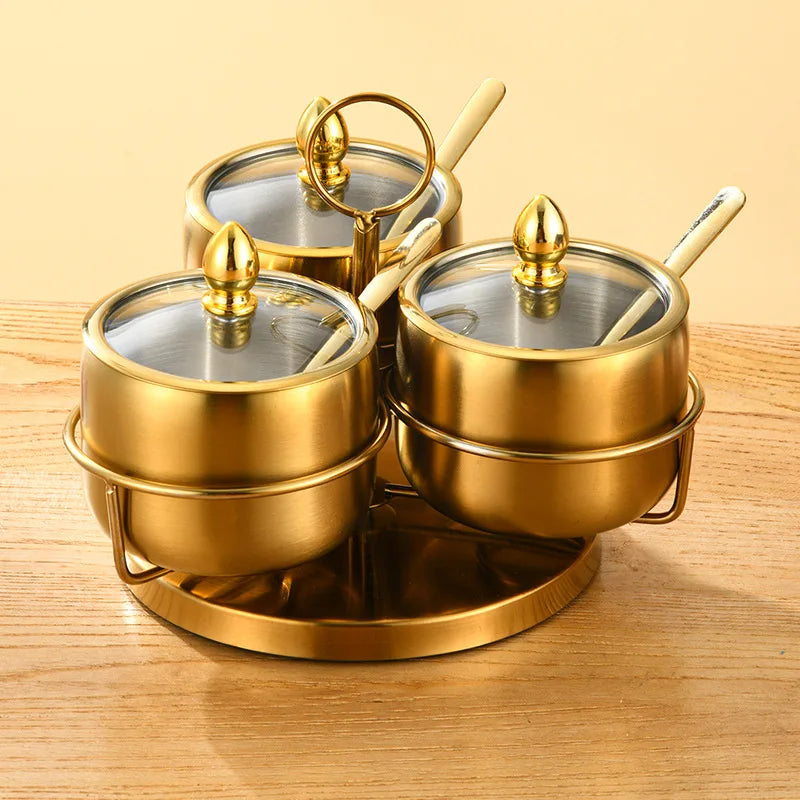 Home Villa Restaurants Hotels Household Luxury 304 Silver/Gold Color Stainless Steel Seasoning Tank Buffet Restaurant Hotel Seasoning Salt Storage Tank with Holder Rack Home Kitchenware Tools Sets
