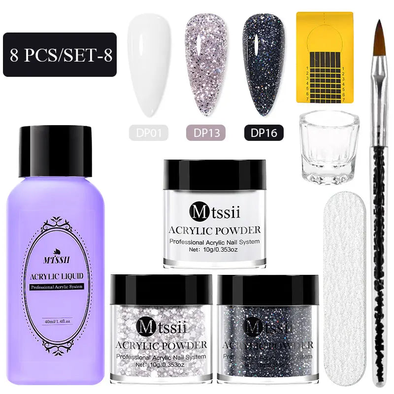 8pcs Nail Acrylic Powder Liquid Set Clear Nude Pink Monomer Liquid Set With Nail Brush For Nails Extension Carving Flower DIY Women Beauty Salon Spa Accessories Nail Care Tools Set