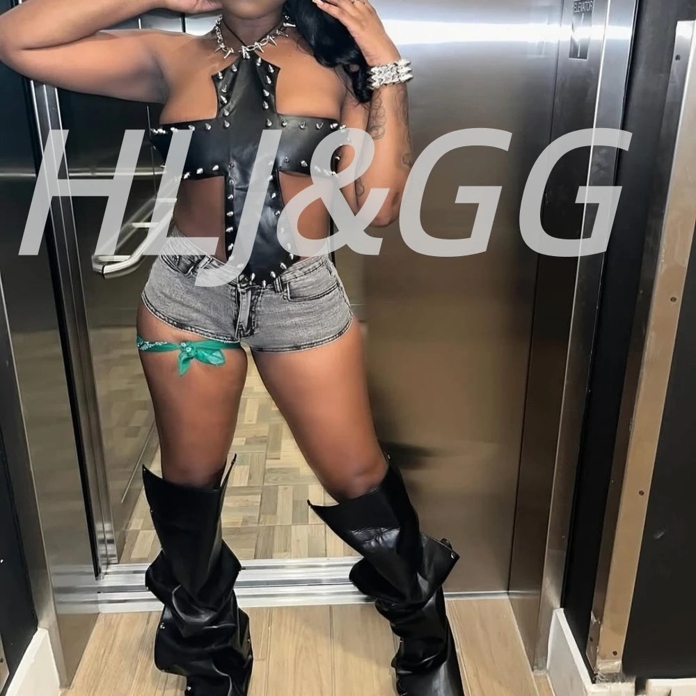 2 PCS Set  Y2K Sexy Hot Girl Halter Backless Lace Up Women Leather Rivets Crop Top And Denim Shorts Outfit Streetwear Evening Rave Festival Party Night Clubwear Suit