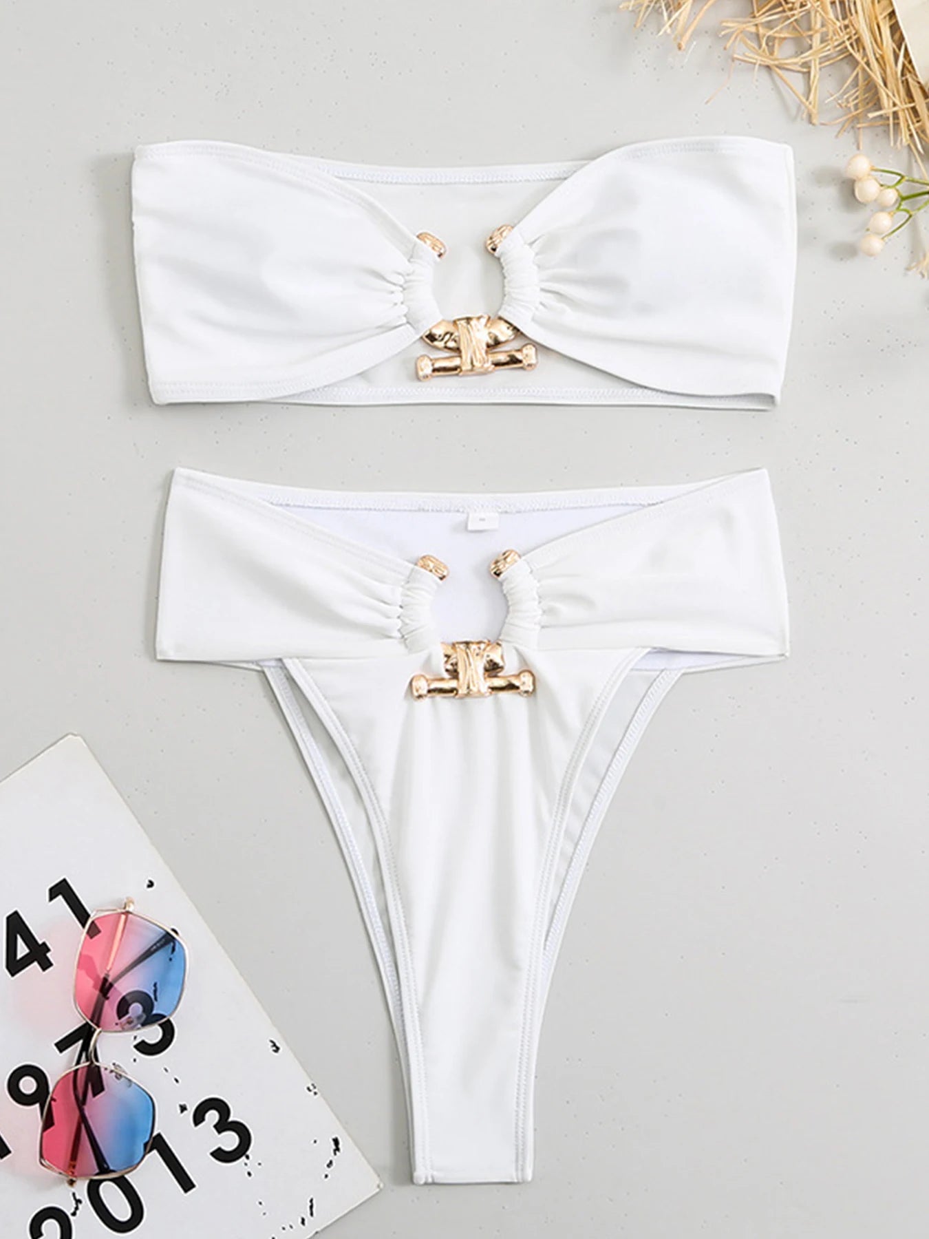 Sexy High Waist Bandeau Bikini Push Up Swimwear Women Swimsuit Female Two Pieces Beachwear Metal Accessories Bathing Suits