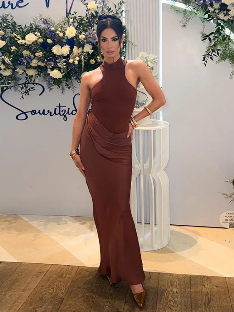 Low-Price Sales are Limited NEW Luxury Satin Sexy Hollow Out Women Maxi Dress Black Sleeveless High Waist Dress Female Autumn Skinny Elegant Evening Wedding Party Night Clubwear Business Dinner Outfits Ladies Luxury Fashion C