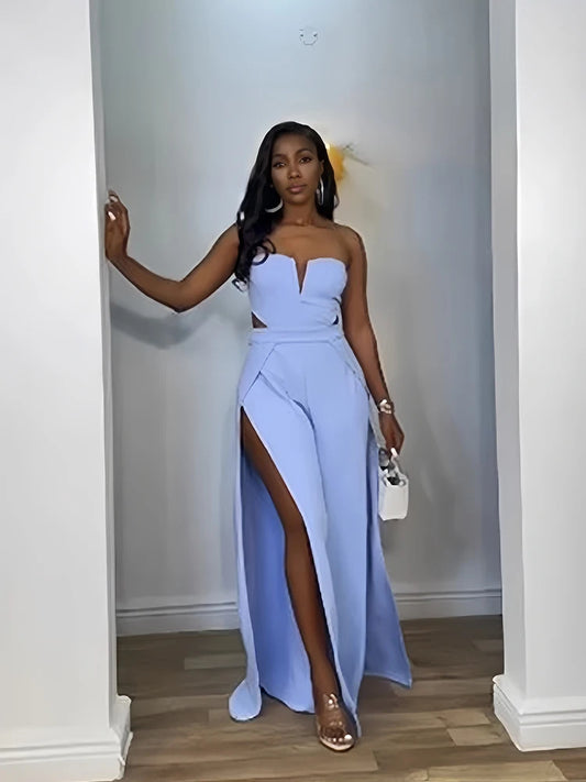 NEW Woman Summer Strapless Blue Jumpsuit with Trousers Solid Color Sexy Backless Jumpsuit Cut Out Waist Ladies Jumpsuit Side Slit