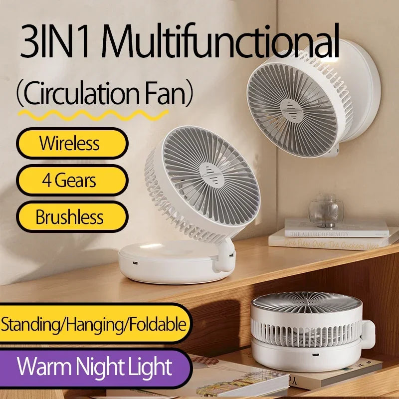 Home Office Rechargeable Table Fan Portable Air Conditioner Wall Mounted Fan 90° Folding Fan 4 Gears with Warm Night Light Home Cooling Accessories