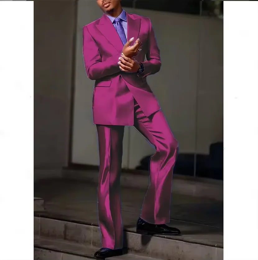 8 Colors 2 PCS Set S-7XL Extra Plus Size Luxury Men‘s Satin Suit Peak Lapel Slim Fit Tuxedo Jacket Straight Leg Pants Formal Outfit Wedding Prom Party Groom.