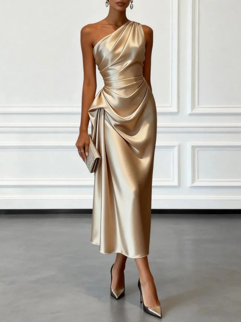 S-2XL UK Size One Shoulder Luxury Satin Midi Dress With Ruched Waist Elegant Sleeveless Evening Wedding Guest Business Party Formal Gown Ladies Outfits.