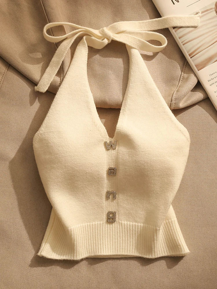 NEW Arrivals Sexy Cross Vest Crop Tops Women Sports T-Shirt Knitted Off Shoulder V-Neck Solid Backless Tank Vest Halter Y2K Top Camisole