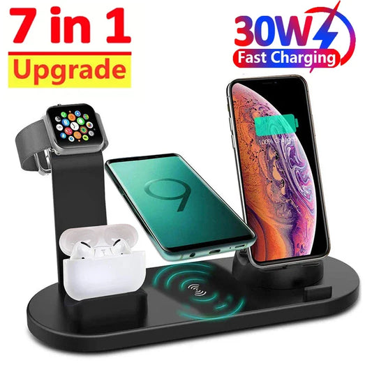 NEW Arrivals 7 In 1 Wireless Charger Stand Pad For iPhone 15 14 13 12 11 X Apple Watch Air Pods Desk Phone Chargers Fast Charging Dock Station Electronic Supplies