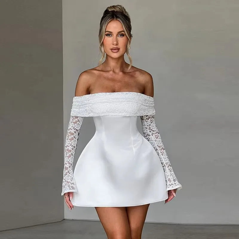 NEW Arrivals White/Black Luxury Satin Lace Glitter Evening Party Night Club Dress Women Backless Elegant Sexy Dress Bodycon Mini Winter Dress Girls Ladies Luxury Fashion Apparel Supplies