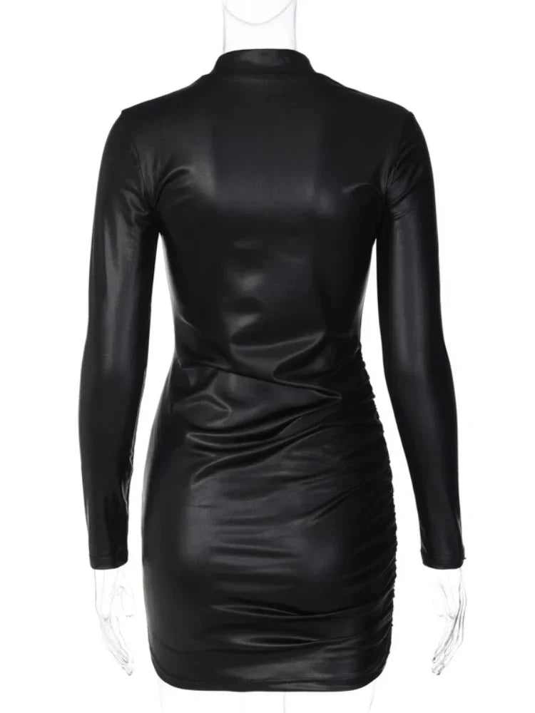Sexy PU Leather Folds Slim Bodycon Dress Women Solid  Color Long Sleeves Skinny Mini Dress Elegant Club Party Hot Sexy Mini  Dress