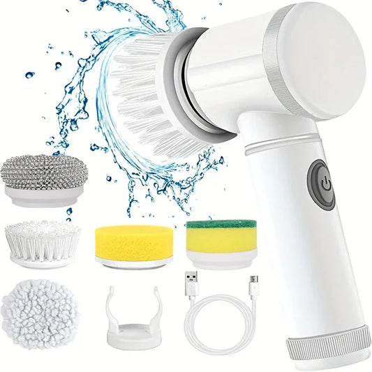 NEW Arrivals 4 Colors Cordless Electric Rotary Scrubber with 5 Replaceable Brush Heads, Rechargeable Bathroom and kitchen Tile Cleaning Brush Set Bathroom Kitchen Cleaning Accessories